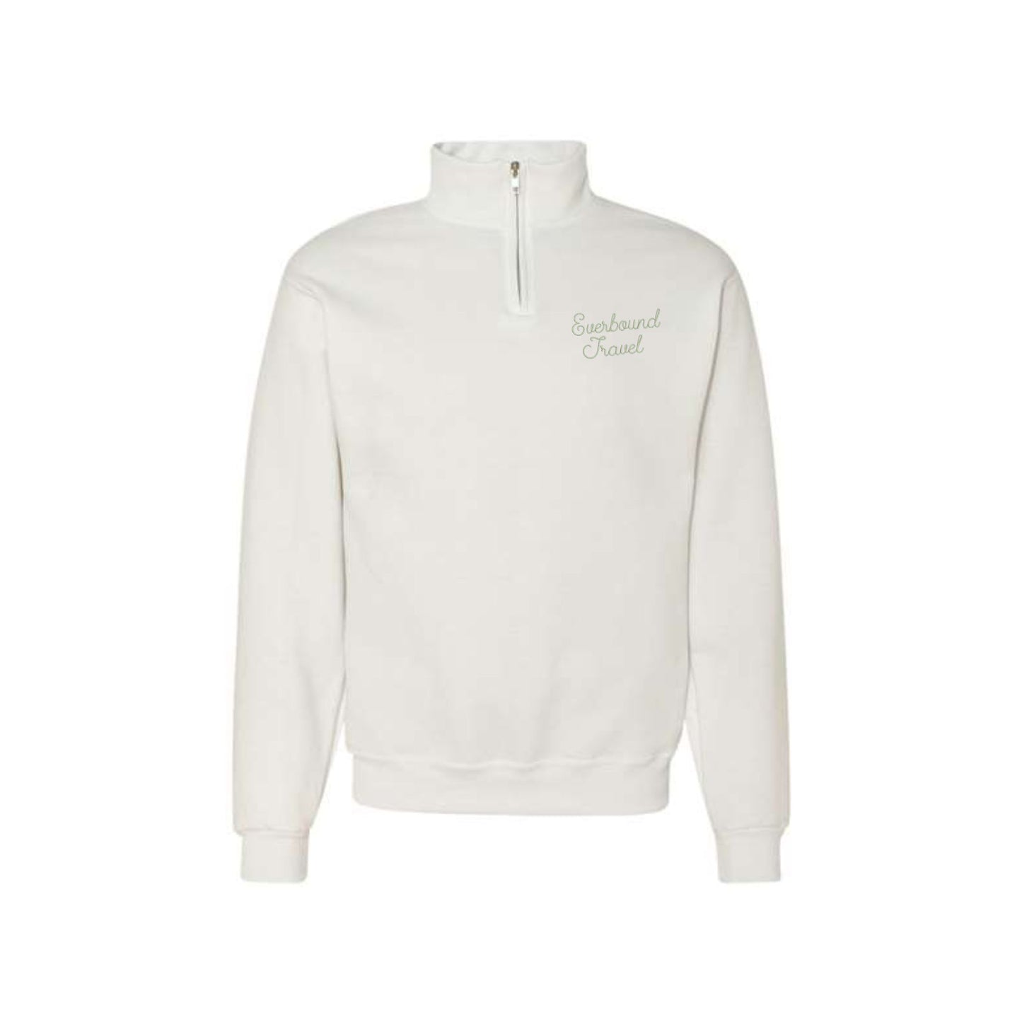 White half-zip sweatshirt with 'Everbound Travel' embroidery on a white background