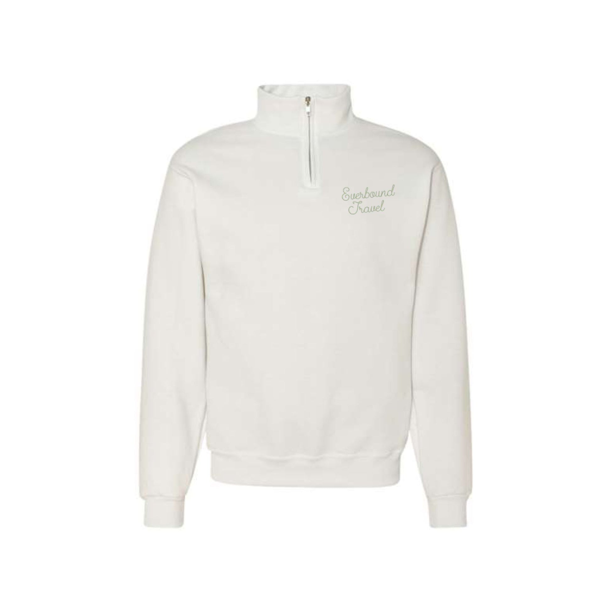 White half-zip sweatshirt with 'Everbound Travel' embroidery on a white background