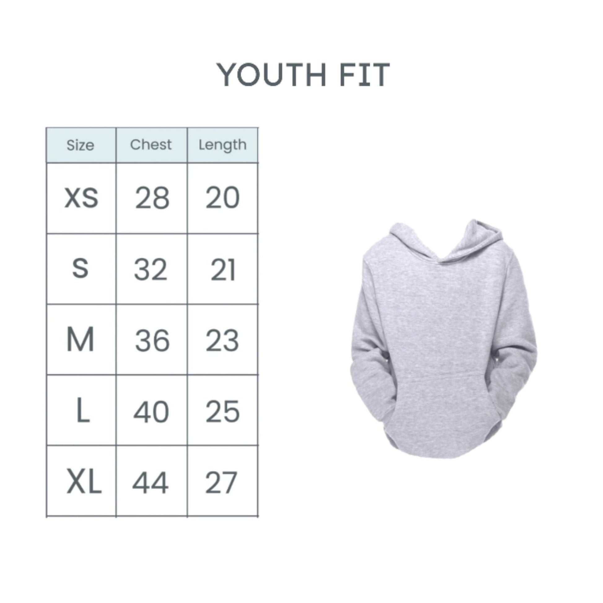 Size chart for youth clothing with a gray hoodie on a white background