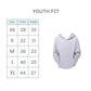 Size chart for youth clothing with a gray hoodie on a white background