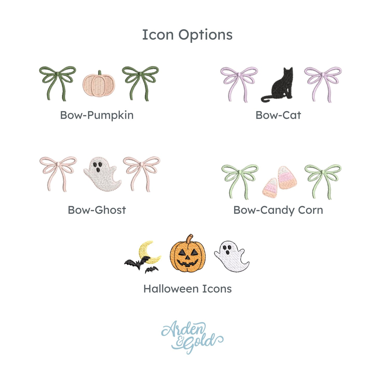 icon options: bow-pumpkin, bow-cat, bow-ghost, bow-candy corn, and halloween icons (bats/moon, jack-o-lantern, ghost).