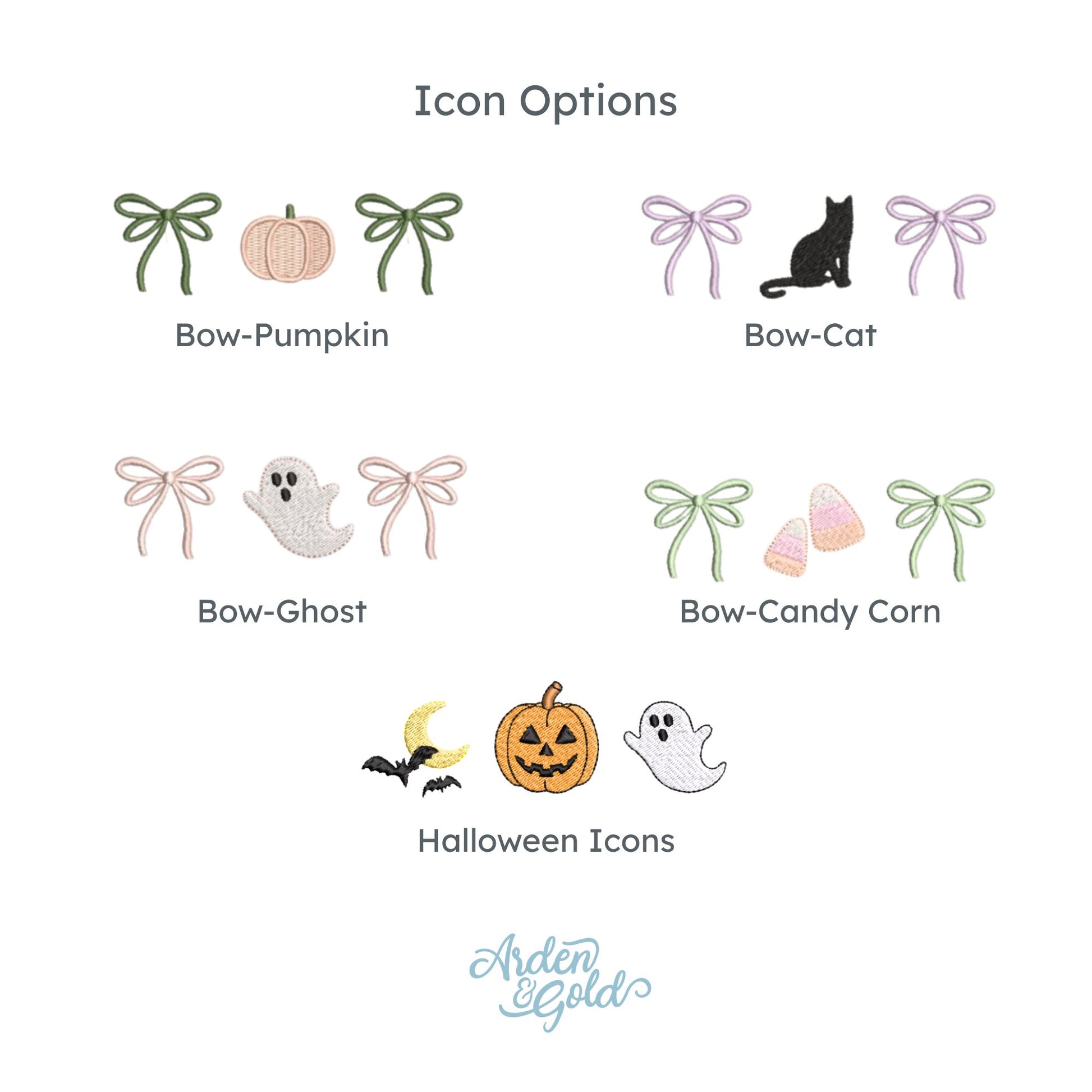icon options: bow-pumpkin, bow-cat, bow-ghost, bow-candy corn, and halloween icons (bats/moon, jack-o-lantern, ghost).
