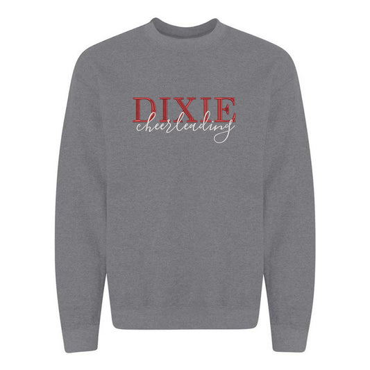 graphite heather crewneck sweatshirt with custom dixie cheerleading embroidered design on the center chest