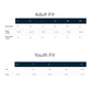Measurement chart for adult and youth fits on a white background