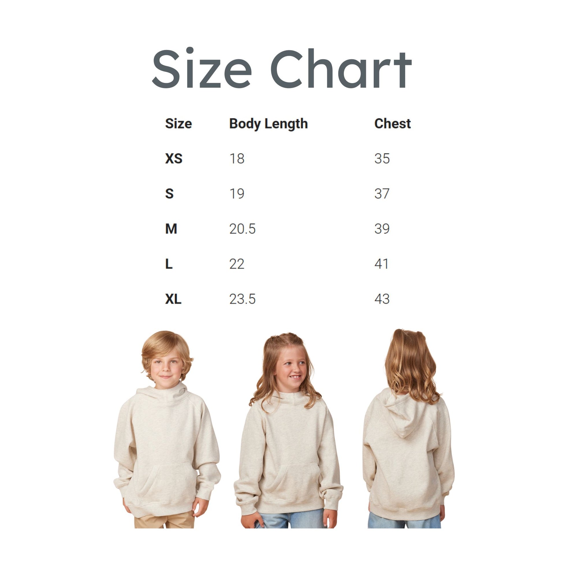 Size chart with children wearing a beige hoodie and measurements for body length and chest.