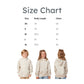 Size chart with children wearing a beige hoodie and measurements for body length and chest.