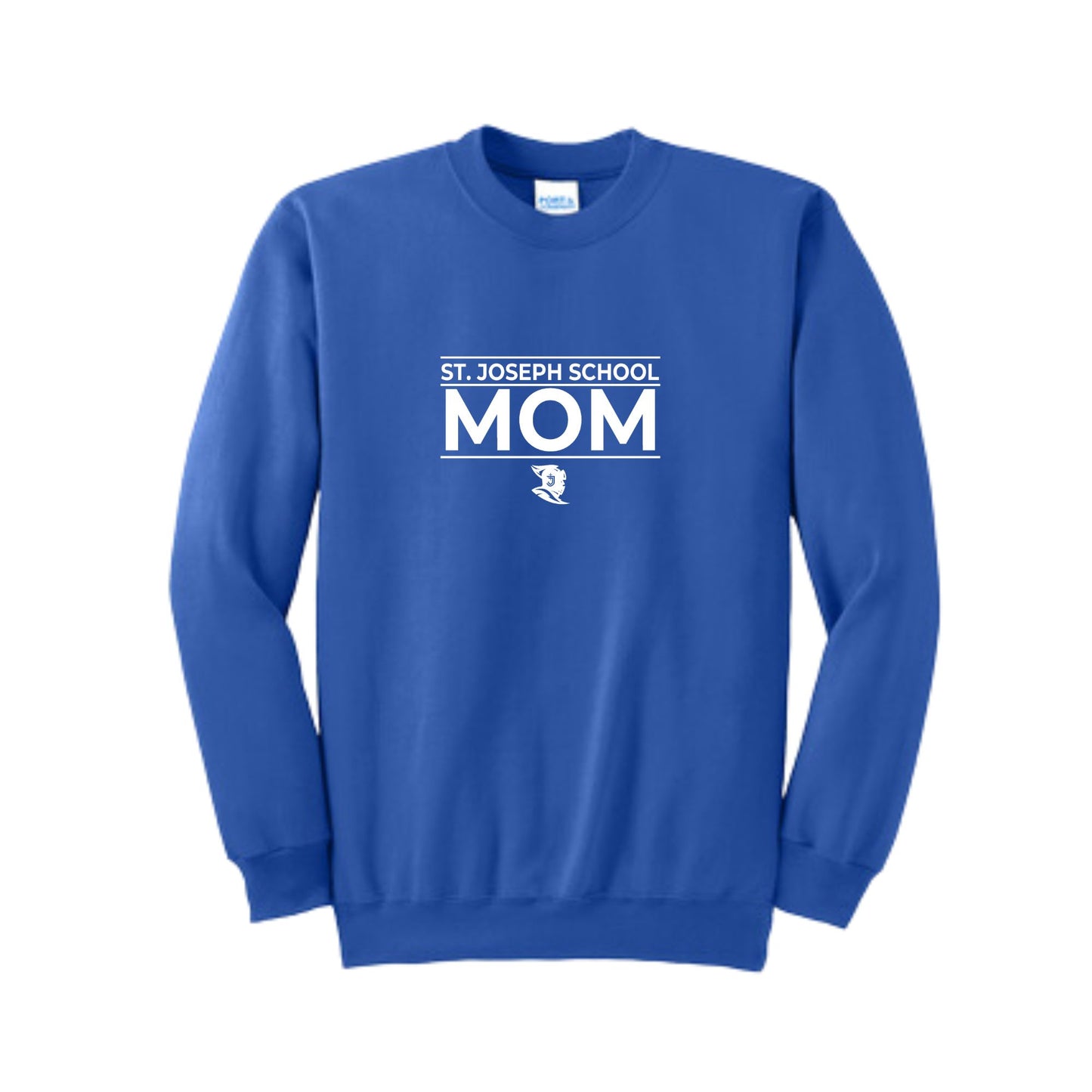 Royal crewneck sweatshirt with a white st. joseph school mom printed design