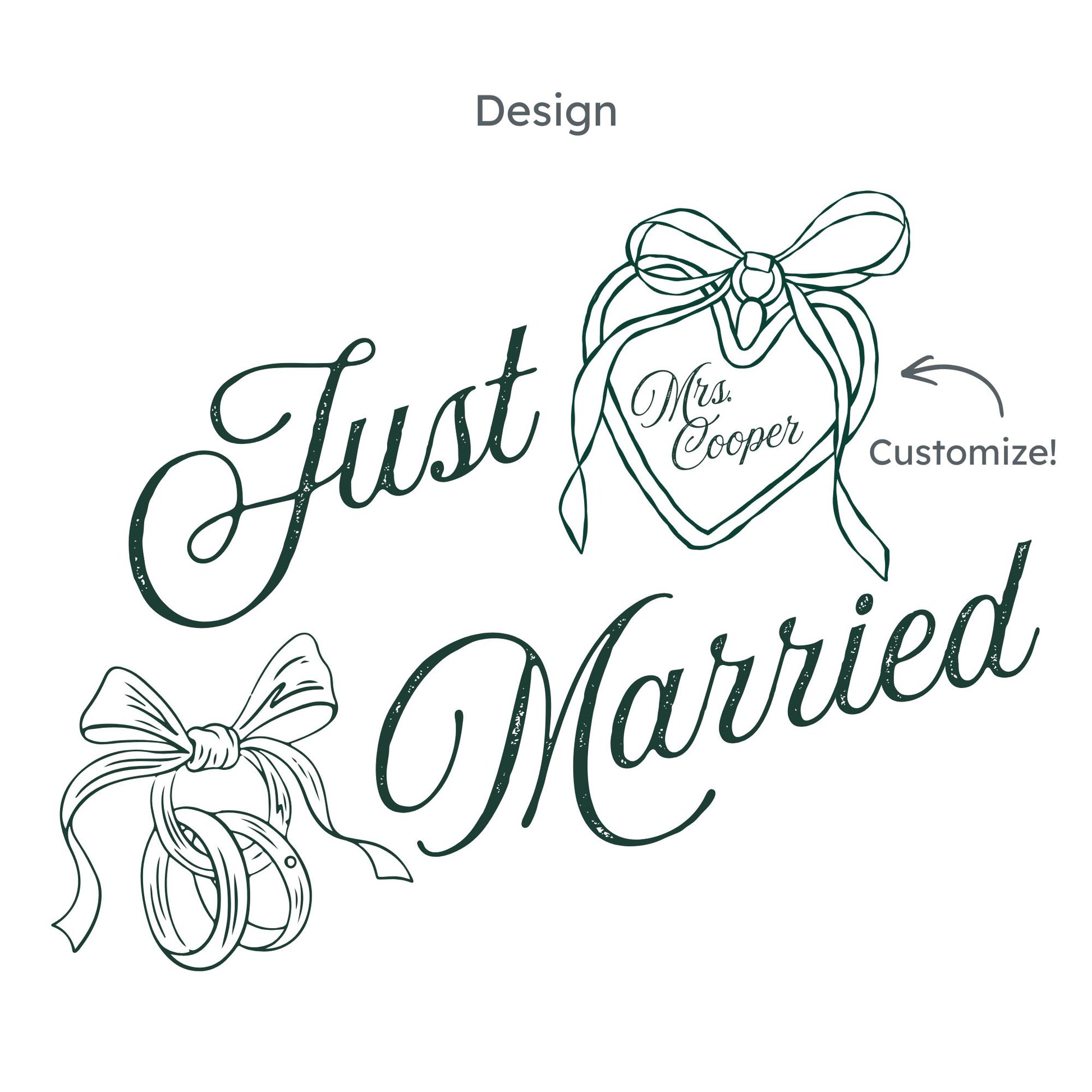 a custom just married design featuring a heart locket with a custom name in the center and wedding rings tied with a bow.