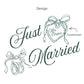 a custom just married design featuring a heart locket with a custom name in the center and wedding rings tied with a bow.