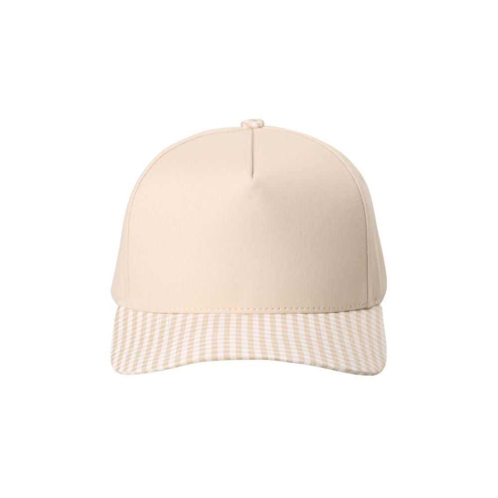 Beige cap with a checkered brim on a white background