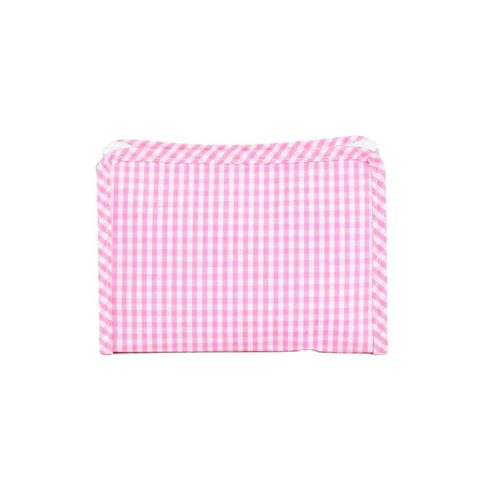 Pink and white checkered pouch on a white background