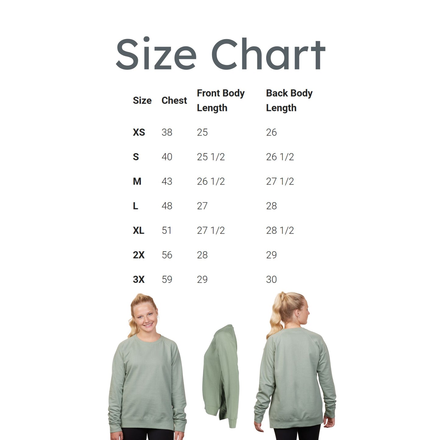 Size chart for a green long-sleeve shirt with measurements and two models wearing the shirt.