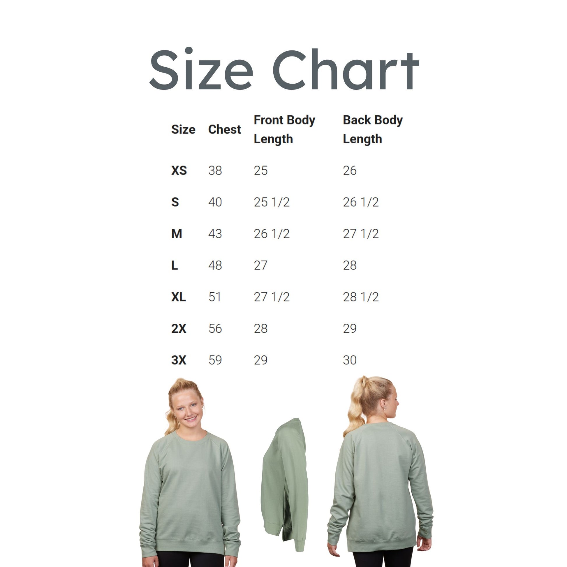 Size chart for a green long-sleeve shirt with measurements and two models wearing the shirt.