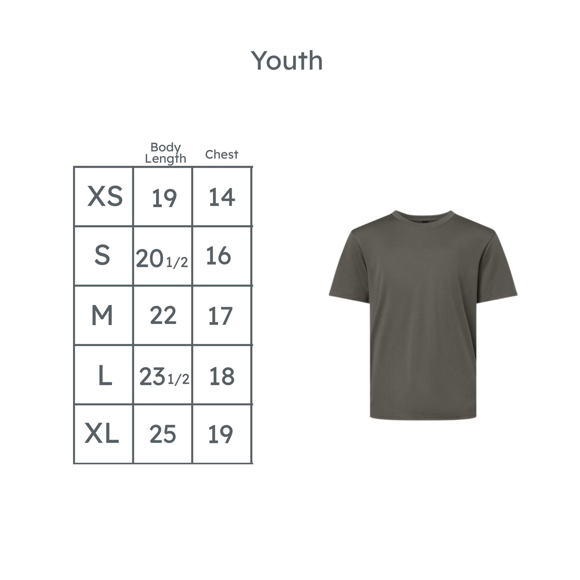 A size chart for youth sizing next to a plain short-sleeve crew-neck t-shirt. The chart lists sizes XS through XL with corresponding body length and chest measurements.