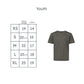 A size chart for youth sizing next to a plain short-sleeve crew-neck t-shirt. The chart lists sizes XS through XL with corresponding body length and chest measurements.