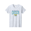A light heather gray short-sleeve t-shirt with a graphic on the chest that reads 'Our Lady of Victory CHEER' in blue and yellow, with a matching blue and yellow ribbon bow below.