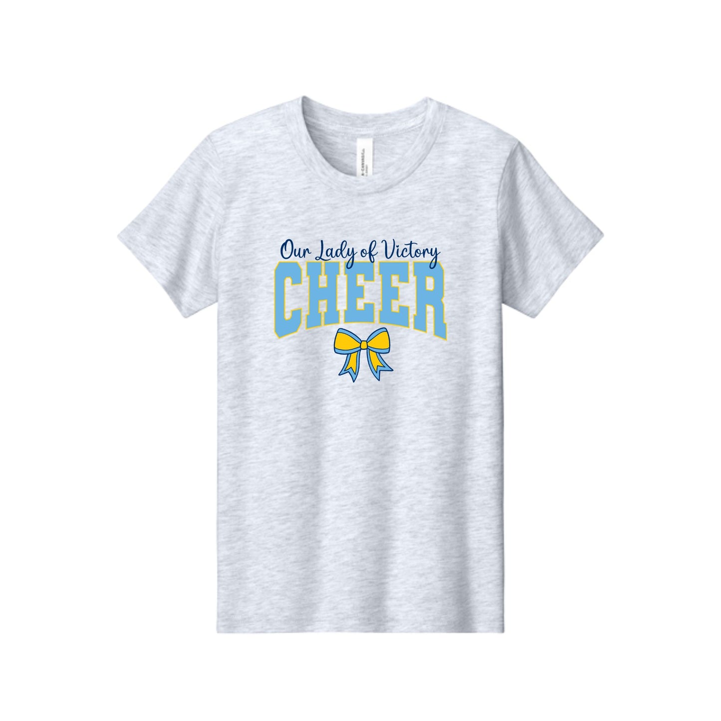 A light heather gray short-sleeve t-shirt with a graphic on the chest that reads 'Our Lady of Victory CHEER' in blue and yellow, with a matching blue and yellow ribbon bow below.