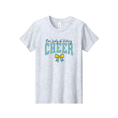 A light heather gray short-sleeve t-shirt with a graphic on the chest that reads 'Our Lady of Victory CHEER' in blue and yellow, with a matching blue and yellow ribbon bow below.