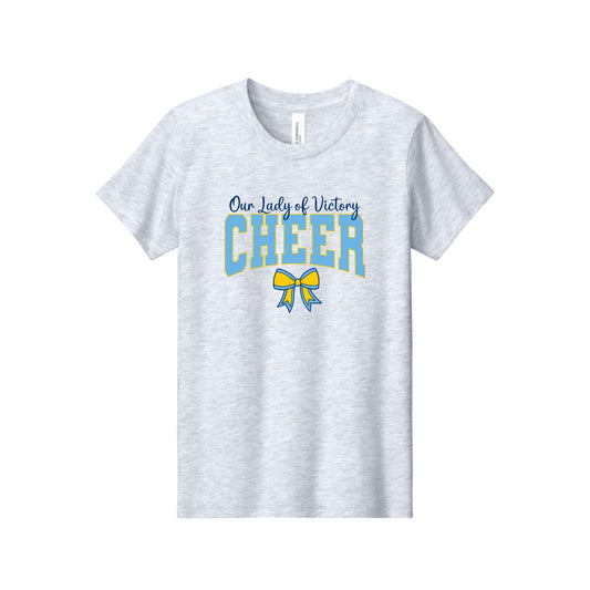 A light heather gray short-sleeve t-shirt with a graphic on the chest that reads 'Our Lady of Victory CHEER' in blue and yellow, with a matching blue and yellow ribbon bow below.