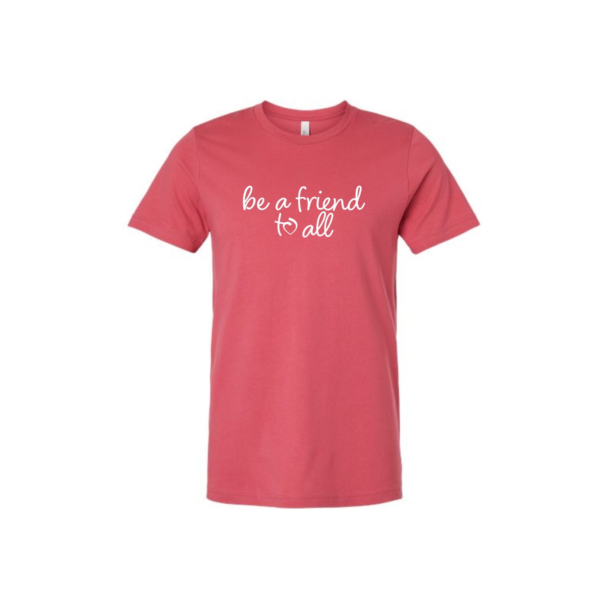 vintage red bella and canvas t-shirt with be a friend to all printed in white ink across the chest