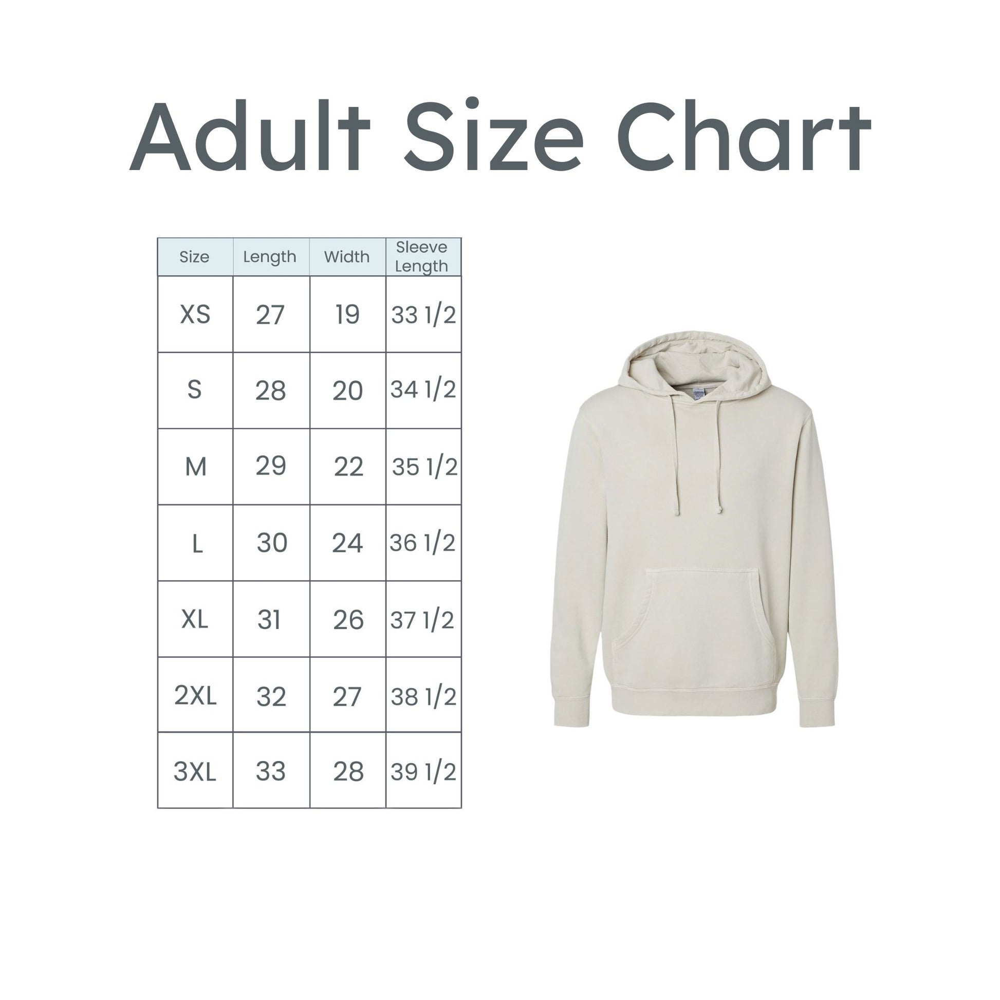 Size chart for a hoodie with measurements in inches and a sample hoodie on a white background.