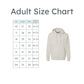 Size chart for a hoodie with measurements in inches and a sample hoodie on a white background.