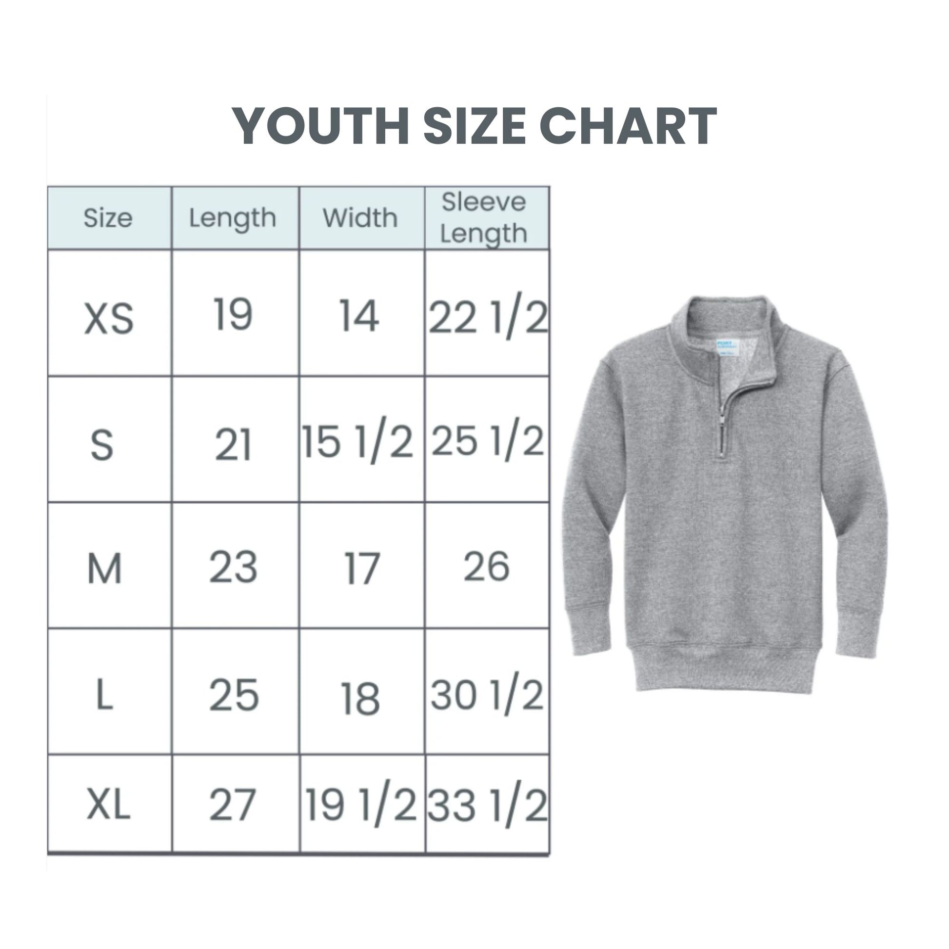 A youth size chart table with columns for Size, Length, Width, and Sleeve Length, shown next to a light gray quarter-zip pullover sweatshirt on a white background.
