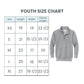 A youth size chart table with columns for Size, Length, Width, and Sleeve Length, shown next to a light gray quarter-zip pullover sweatshirt on a white background.