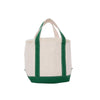 Beige tote cooler bag with emerald trim on a white background