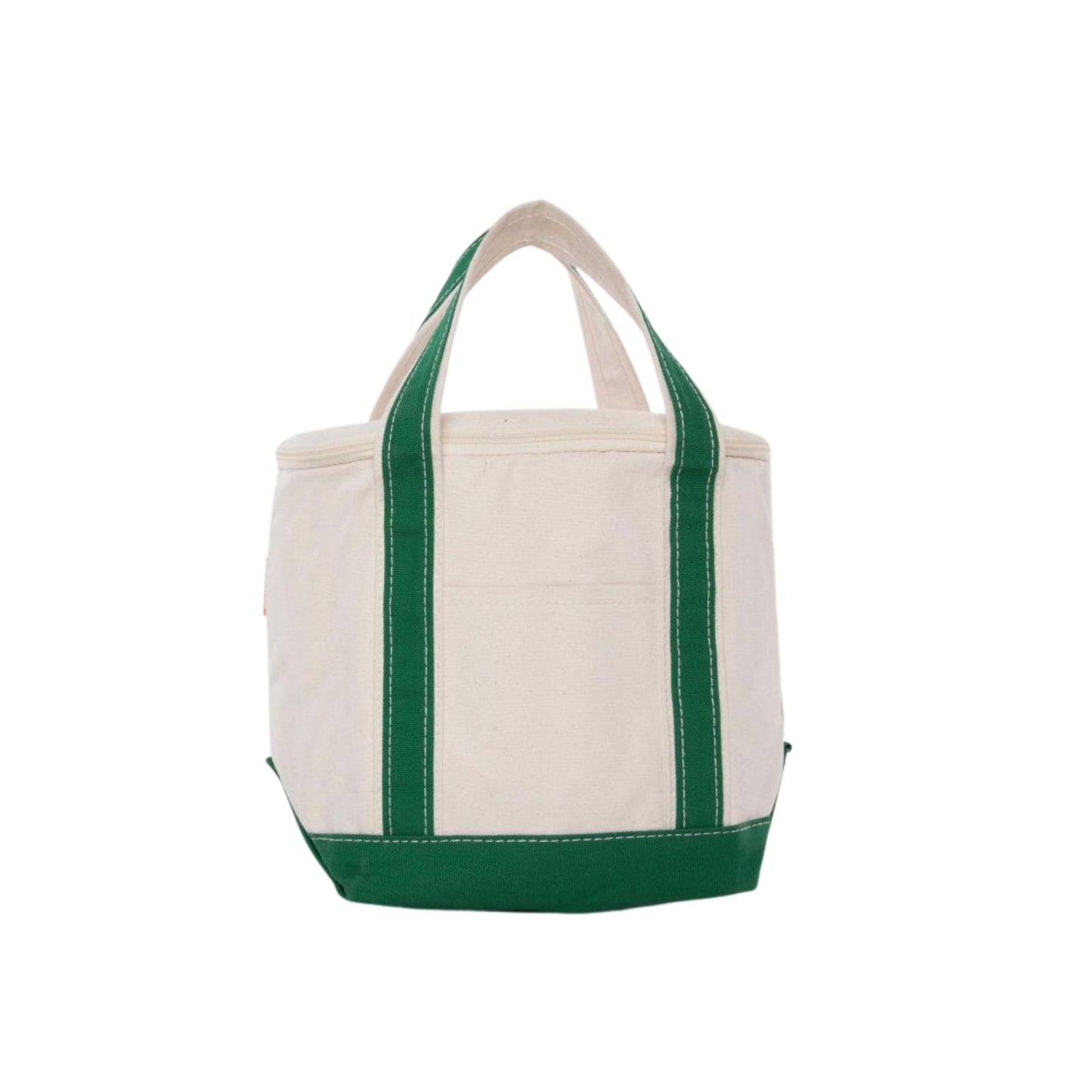 Beige tote cooler bag with emerald trim on a white background