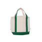 Beige tote cooler bag with emerald trim on a white background