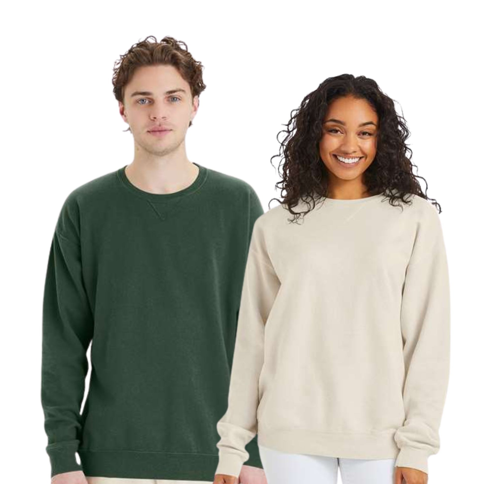 Two people wearing green and beige sweatshirts on a white background