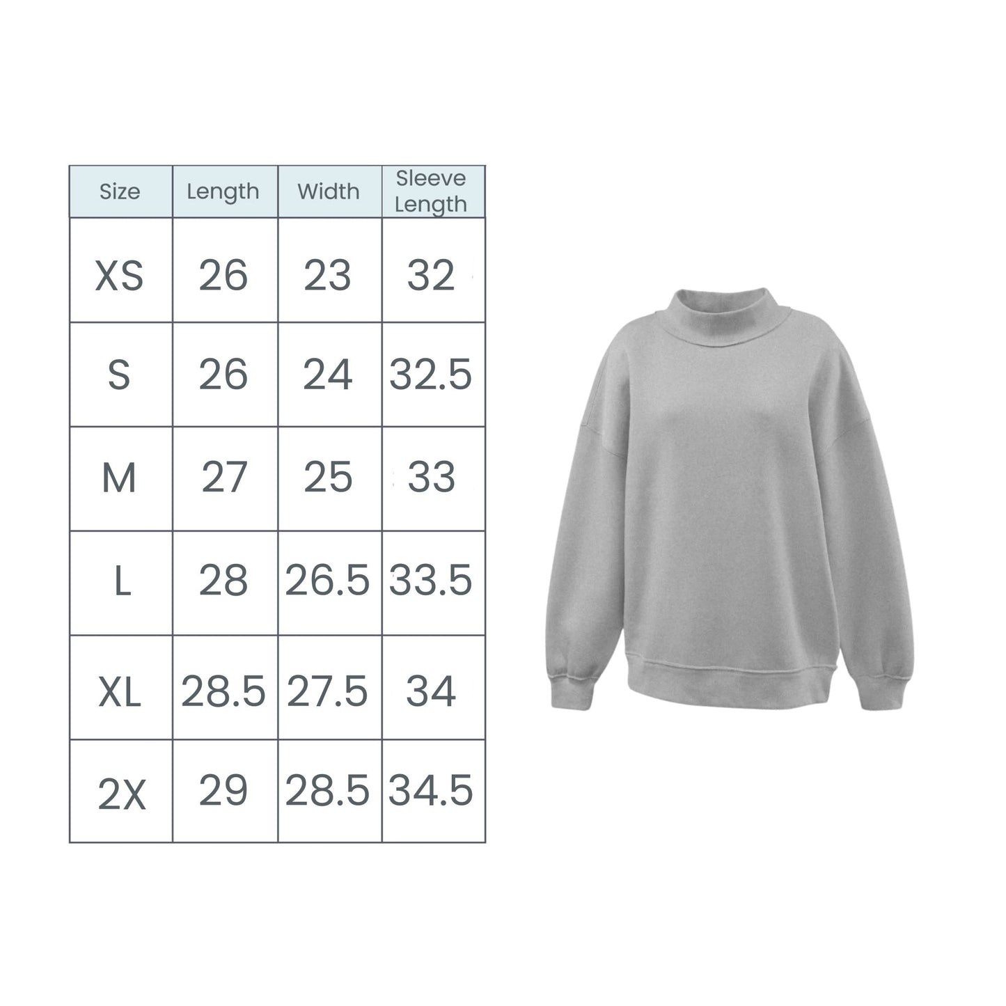 Gray sweatshirt with size chart on a white background