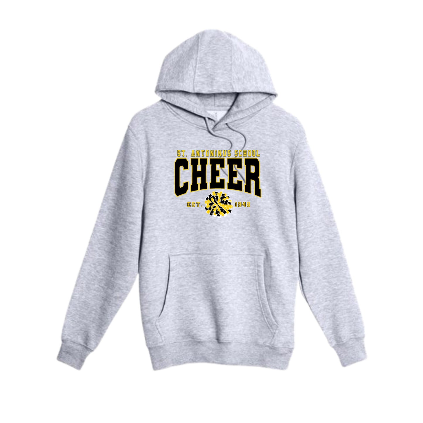 heather grey hoodie with st. antoninus school cheer print in black and white