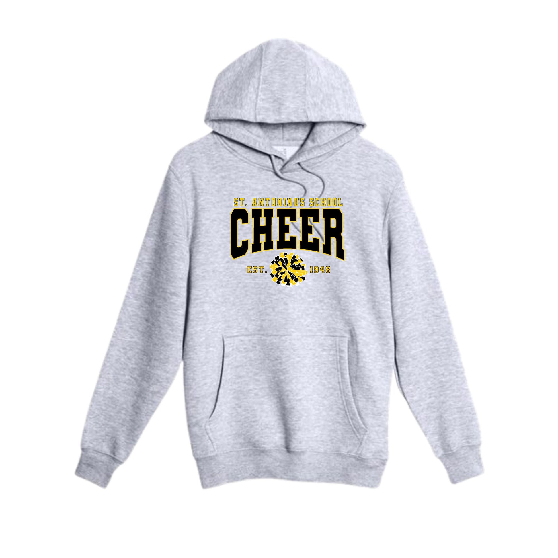 heather grey hoodie with st. antoninus school cheer print in black and white