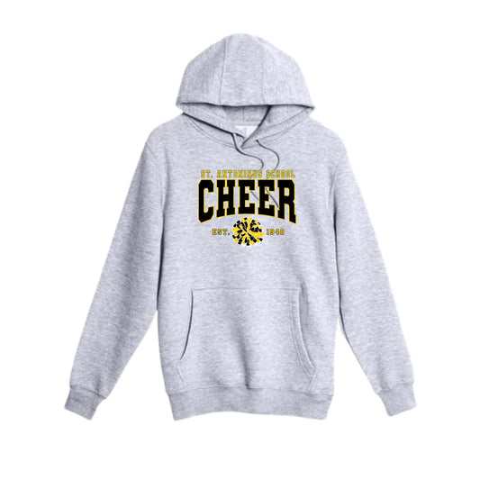 heather grey hoodie with st. antoninus school cheer print in black and white
