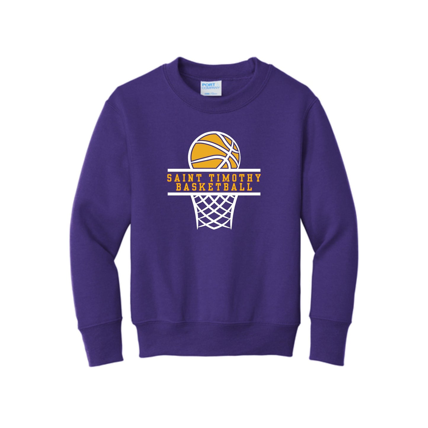 Purple sweatshirt with basketball design and 'Saint Timothy Basketball' text on a white background