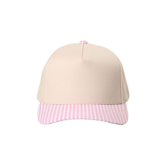 Beige cap with pink checkered brim on a white background