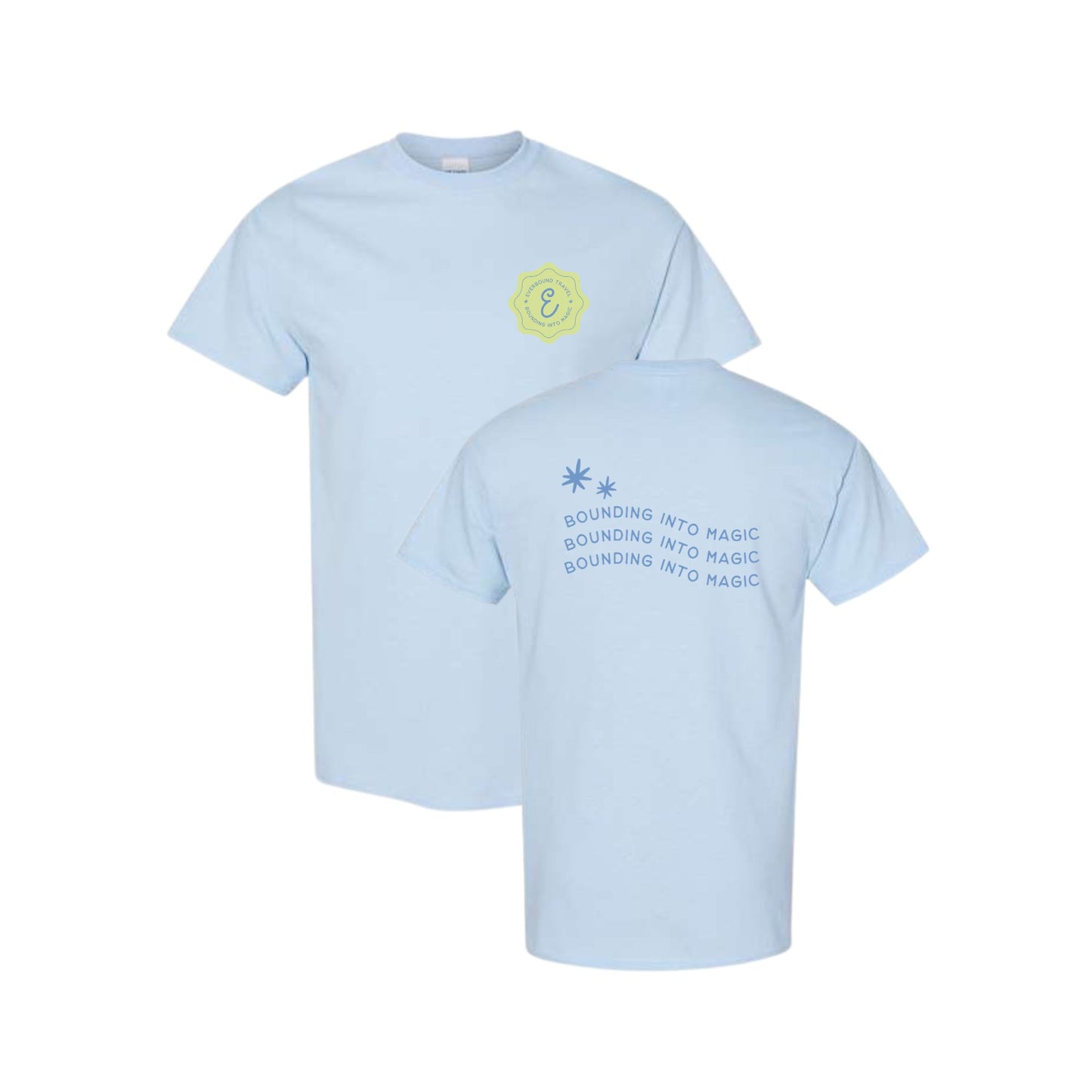 Light blue t-shirt with text and logo on a white background