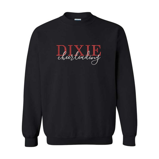 black crewneck sweatshirt with custom dixie cheerleading embroidered design on the center chest