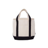 Beige tote cooler bag with black trim on a white background