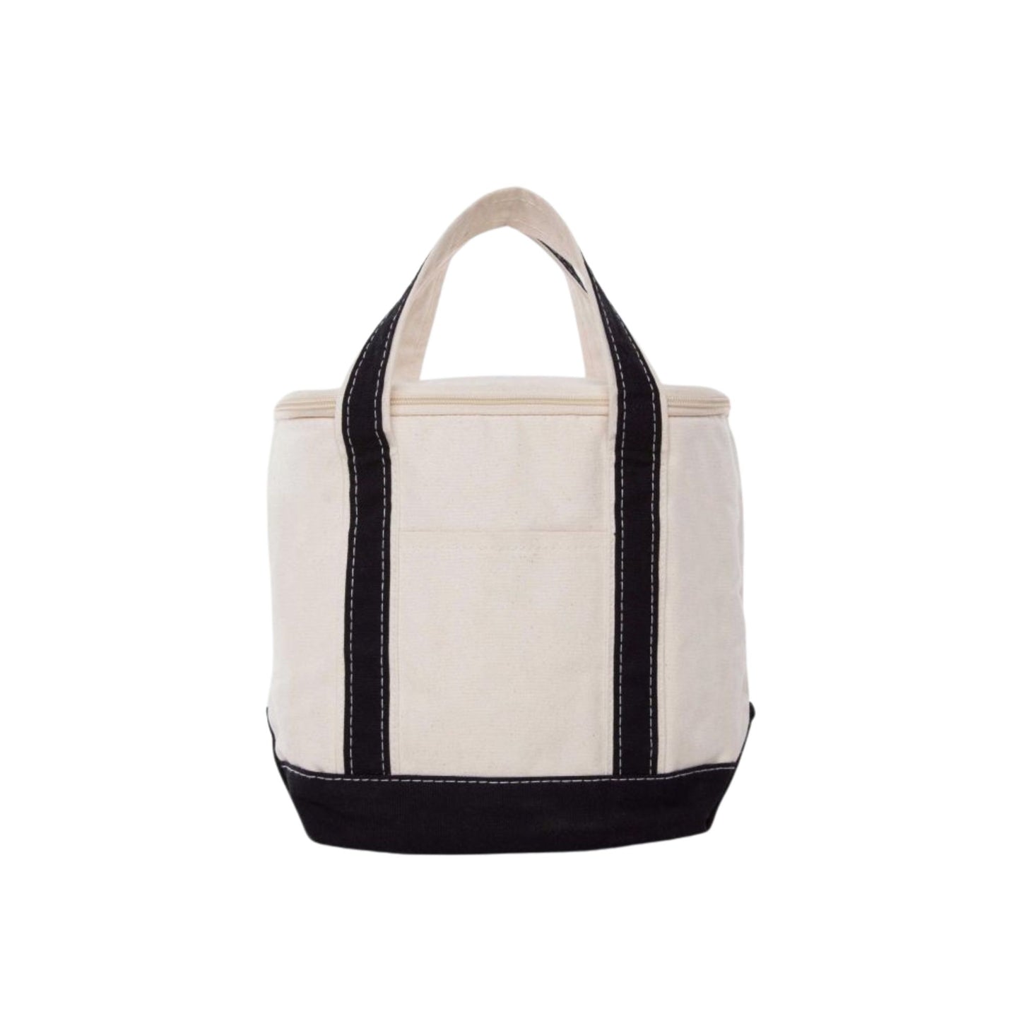 Beige tote cooler bag with black trim on a white background