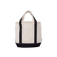 Beige tote cooler bag with black trim on a white background