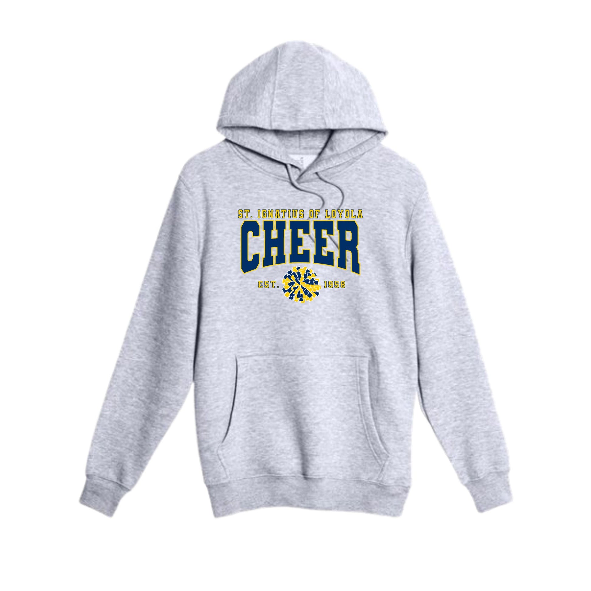 A light heather gray pullover hoodie with a front kangaroo pocket and a graphic on the chest reading 'St. Ignatius of Loyola Cheer' in navy blue and yellow, shown on a plain white background.