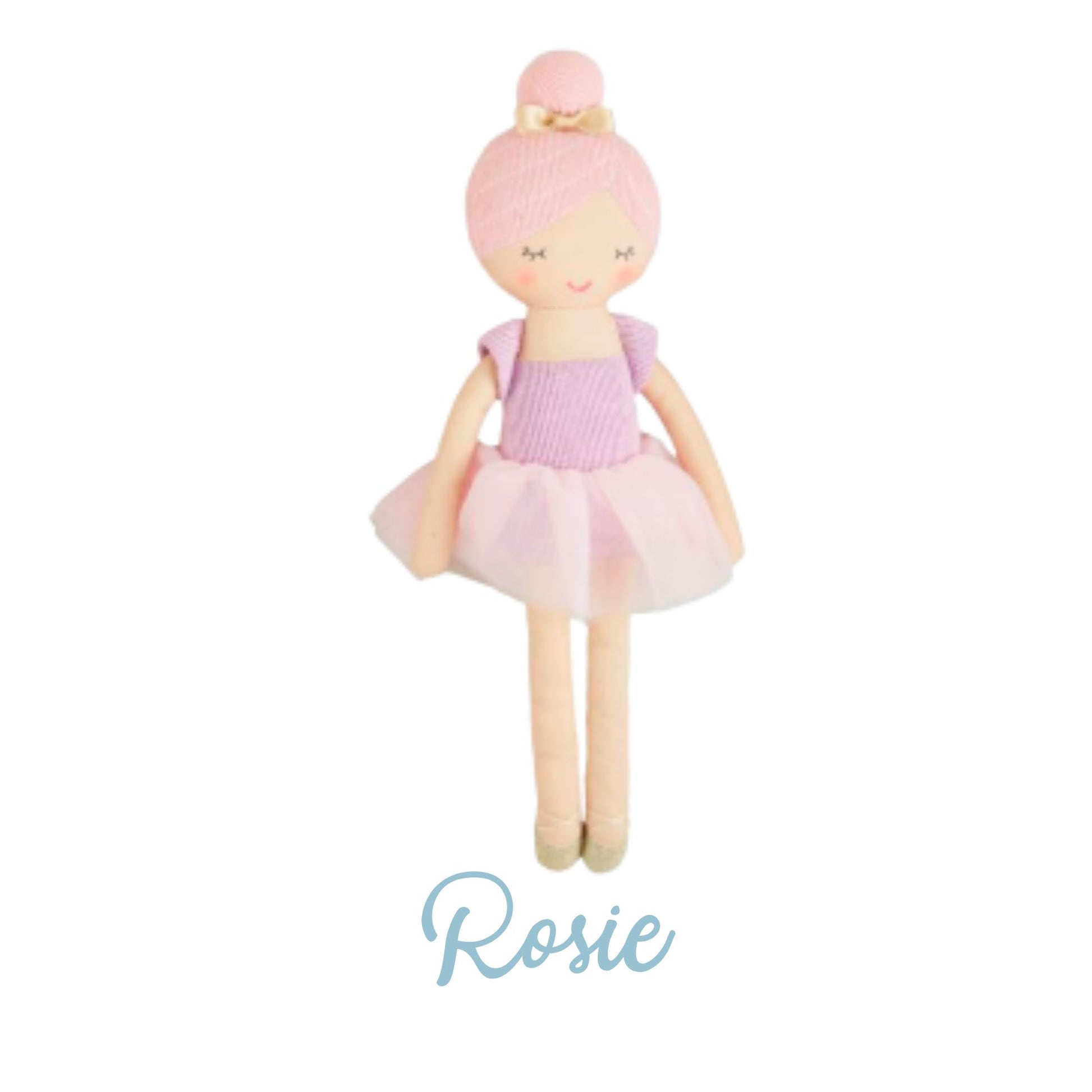 Doll named Rosie in a pink outfit on a white background