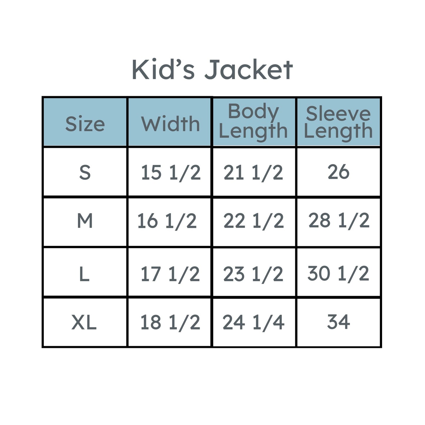 kid's fleece jacket full zip size chart