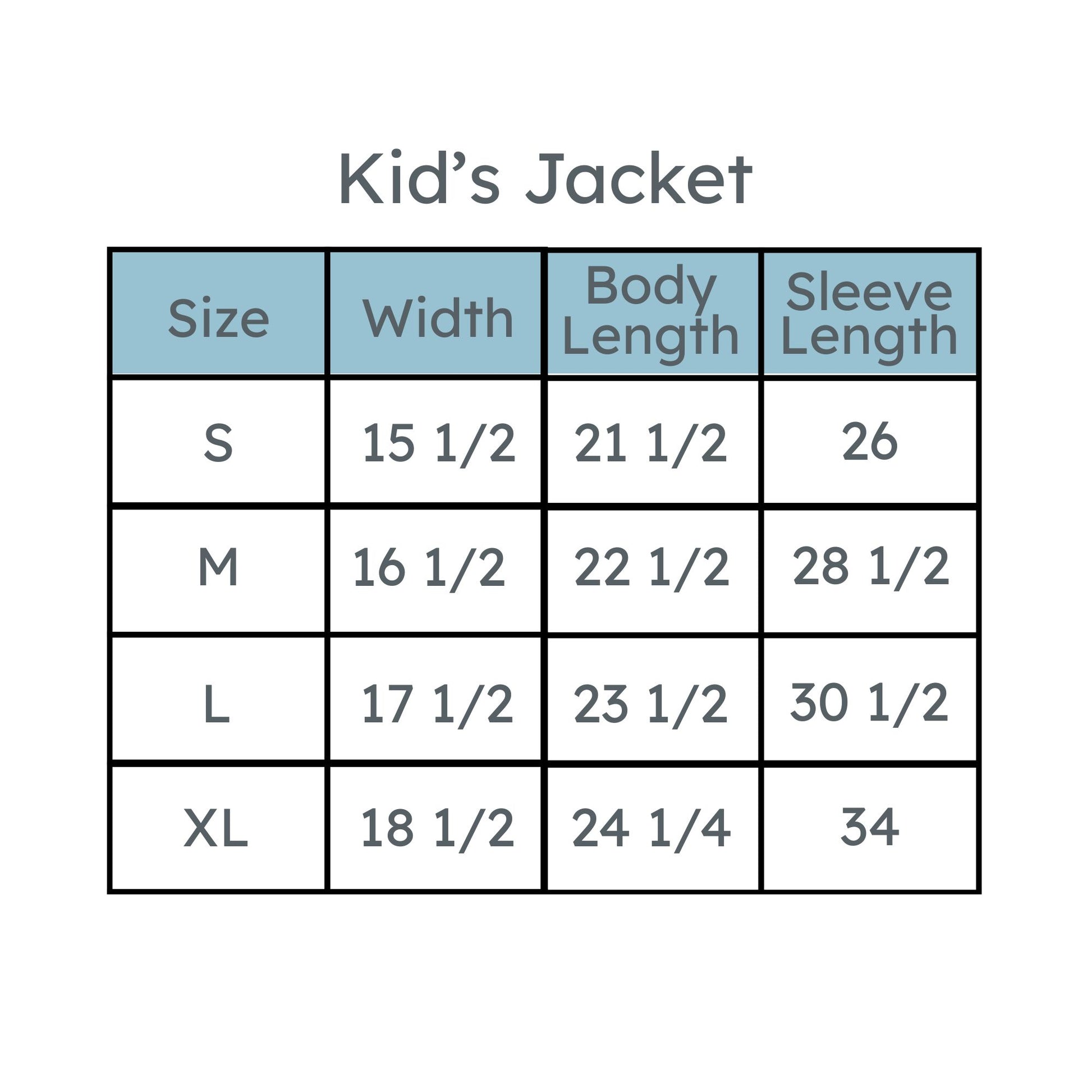 kid's fleece jacket full zip size chart