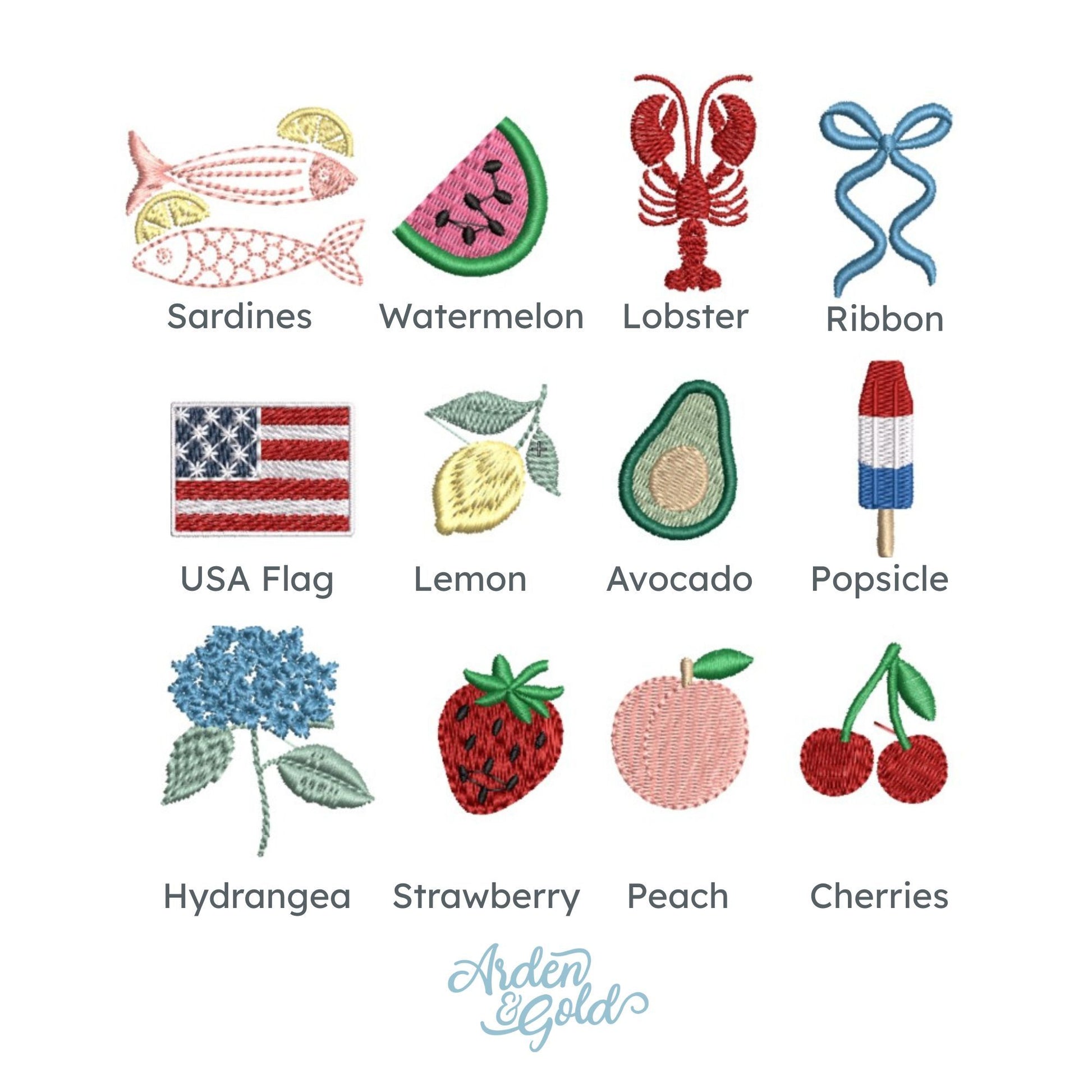 embroidered mini icon options: sardines, watermelon, lobster, ribbon, USA Flag, lemon, avocado, popsicle, hydrangea, strawberry, peach, cherries