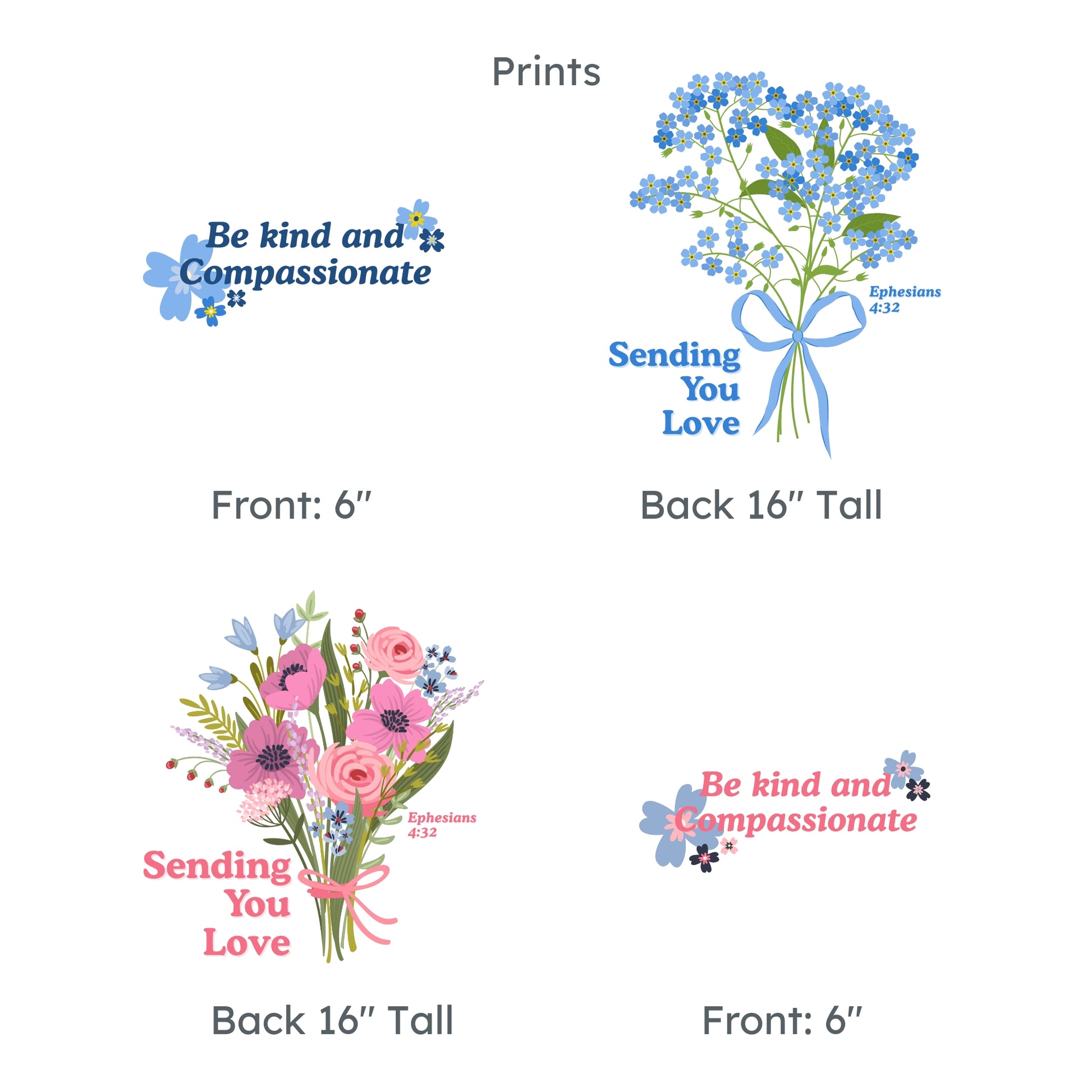 Illustrations of floral designs with text 'Be kind and Compassionate' and 'Sending You Love' on a white background.
