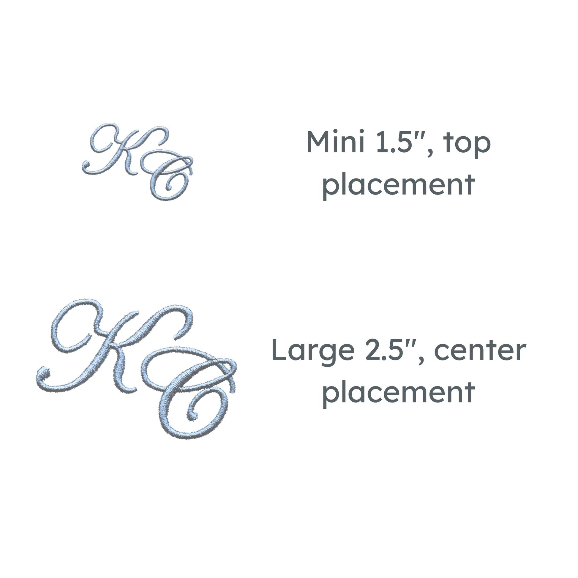 personalization options: mini 1.5" and large 2.5"
